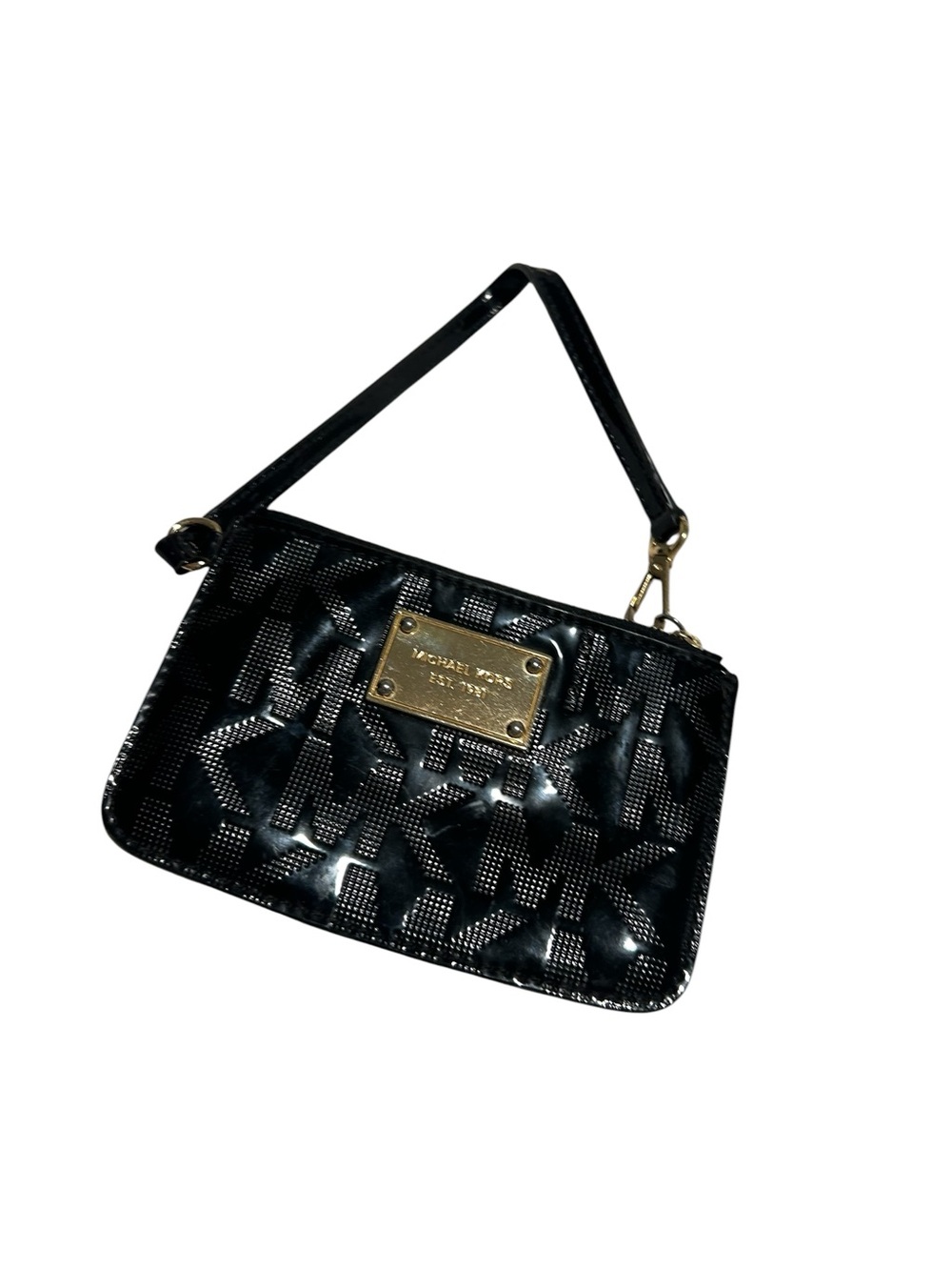 Michael Kors Black Patent Logo Wristlet with Gold Plaque